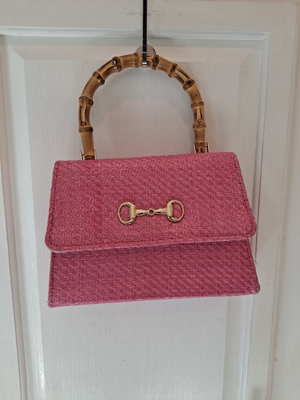 Pink Woven Structured Fashion Shoulder Bag Bamboo Handle Pop Of Color Event